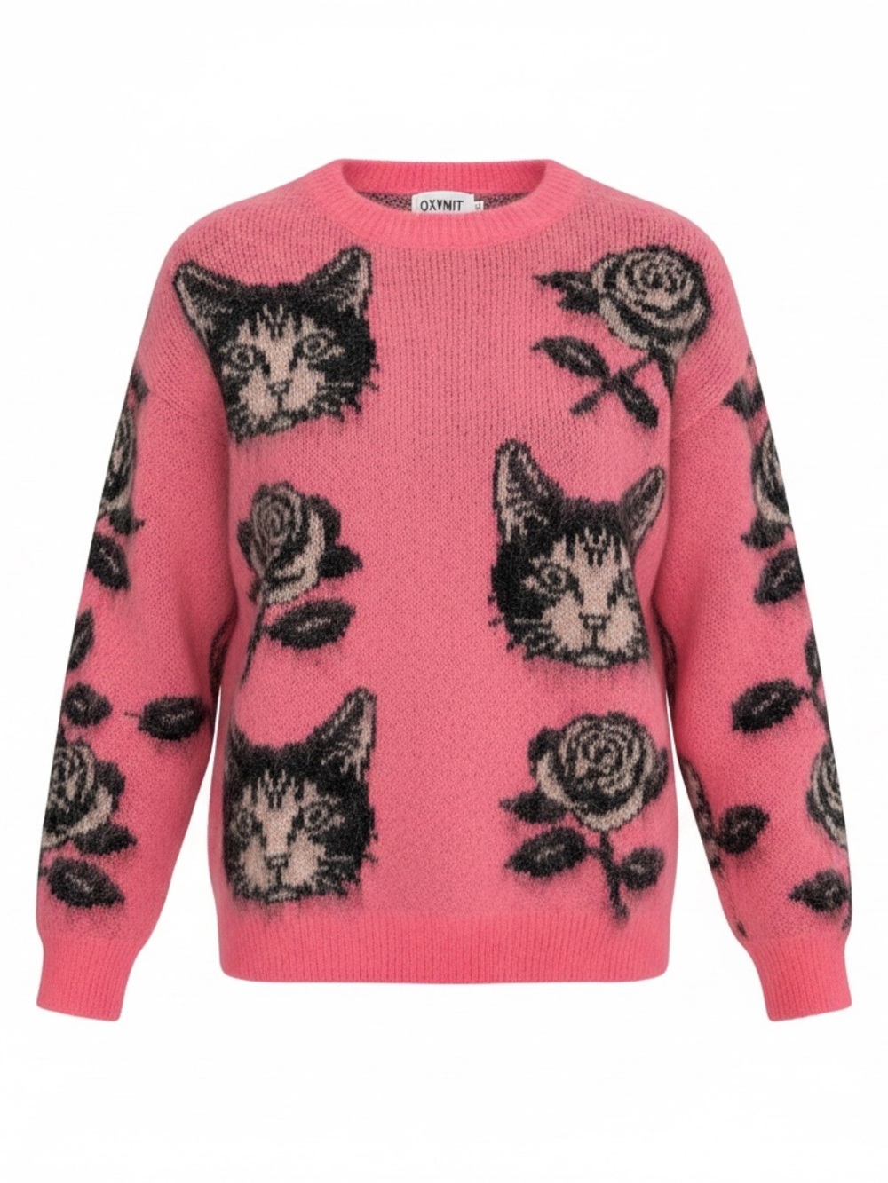 Oxknit Pink Cat & Rose Jacquard Crewneck Sweater
